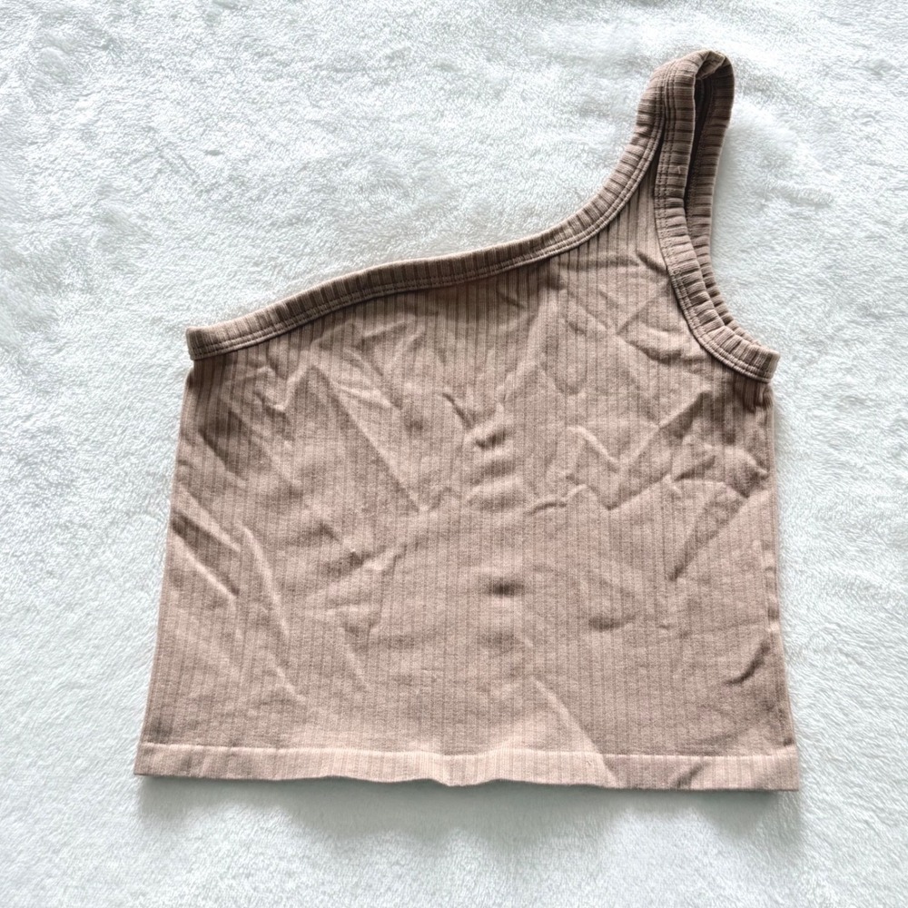 Dynamic One Shoulder Ribbed Tank Top‎ Taupe Tan Asymmetrical Crop Top One Size